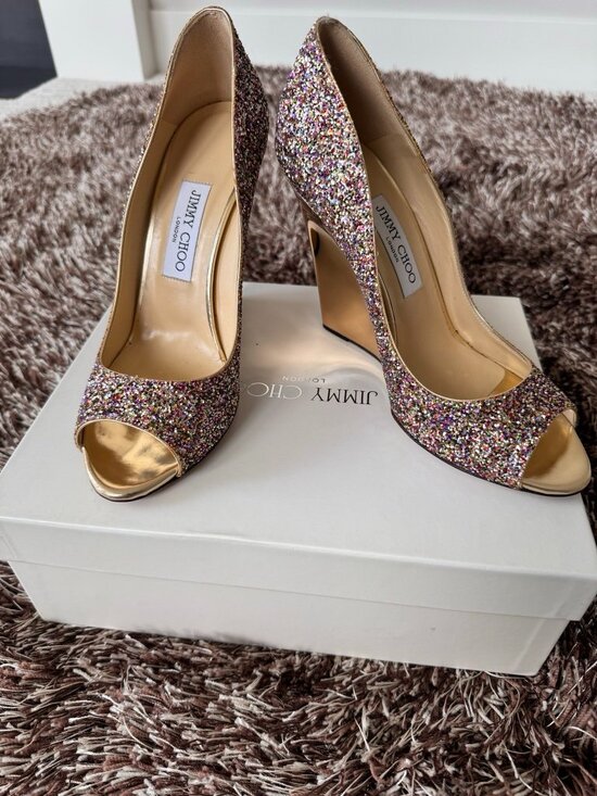 Jimmy Choo Shoes - Jimmy Choo Glitter Golden Multi Wedge Pump Peep Toe Leather Women's Heels